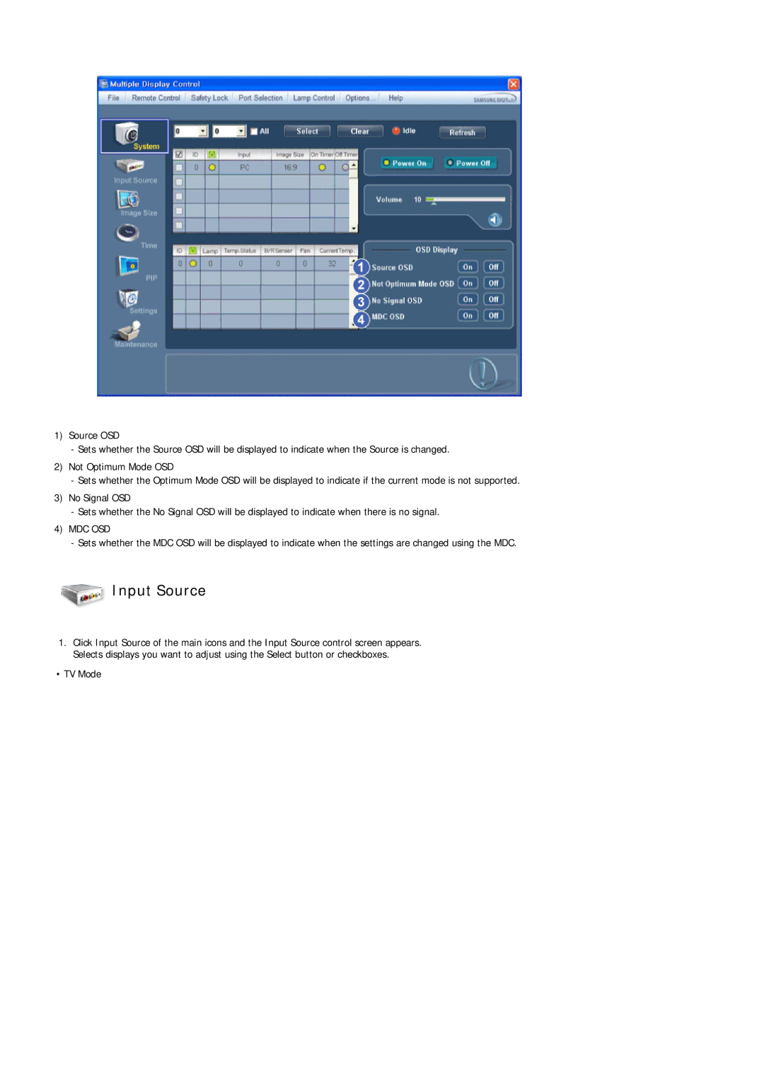 Samsung 460TS-3, 400TS-3, SL46B user manual Input Source, Mdc Osd 