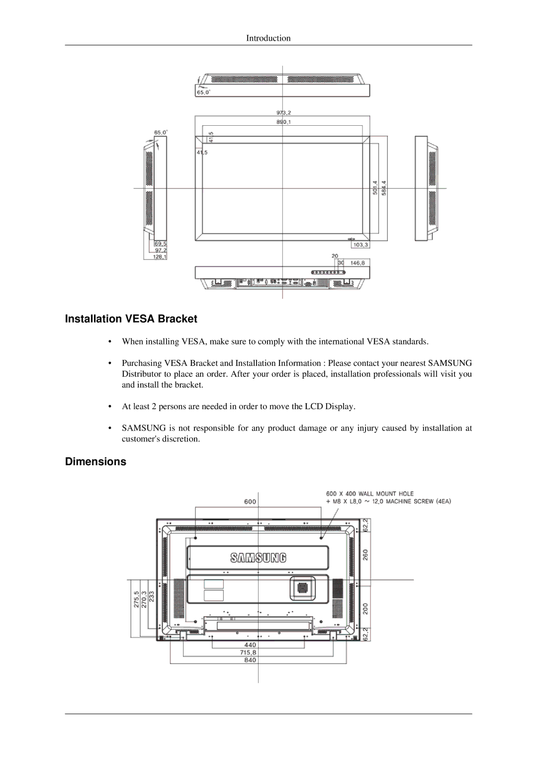 Samsung 400TSn, 460TSn user manual Installation Vesa Bracket, Dimensions 