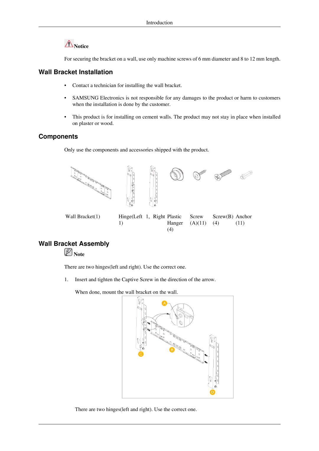 Samsung 460TSn, 400TSn user manual Wall Bracket Installation, Components, Wall Bracket Assembly 