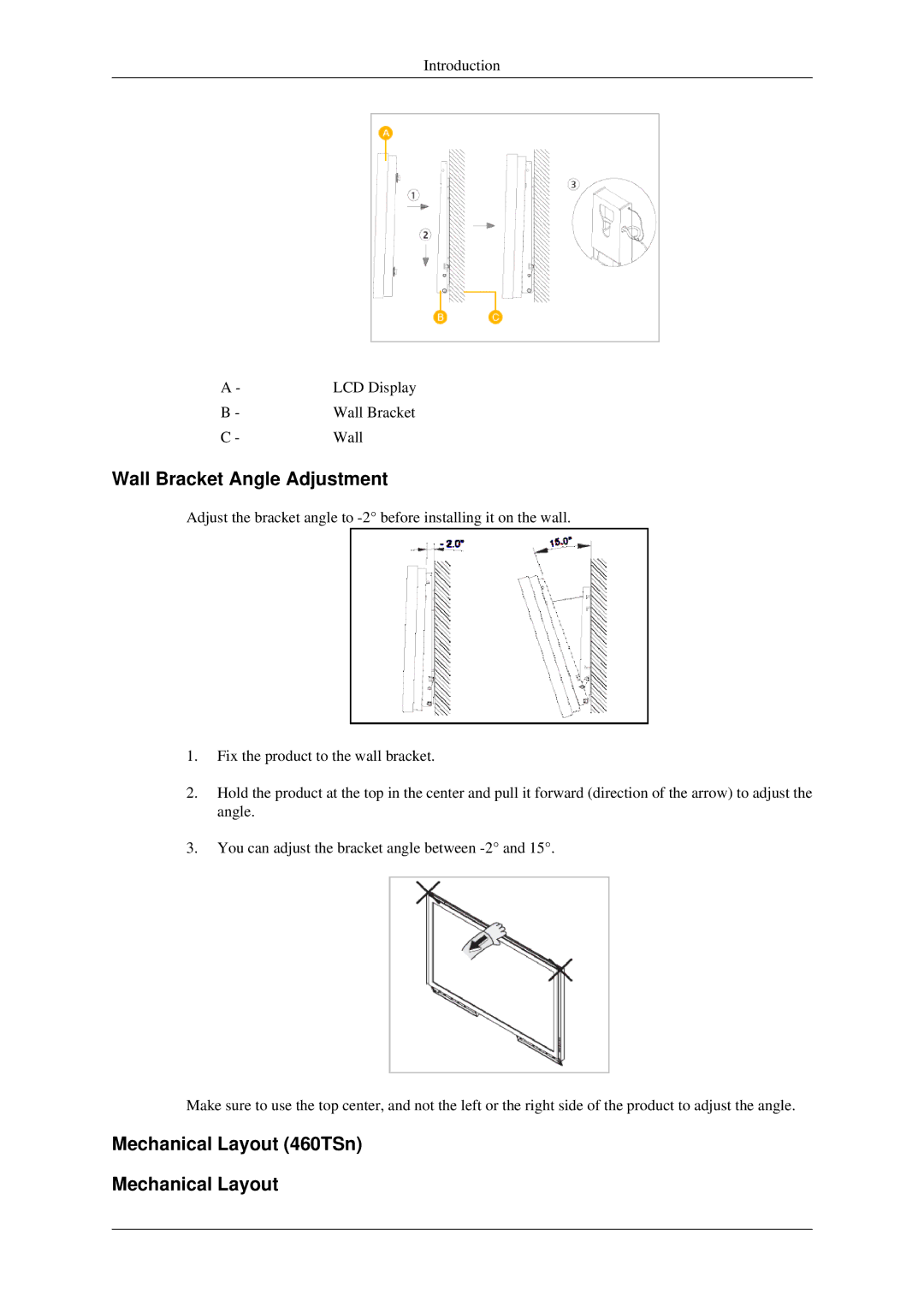 Samsung 400TSn user manual Wall Bracket Angle Adjustment, Mechanical Layout 460TSn 