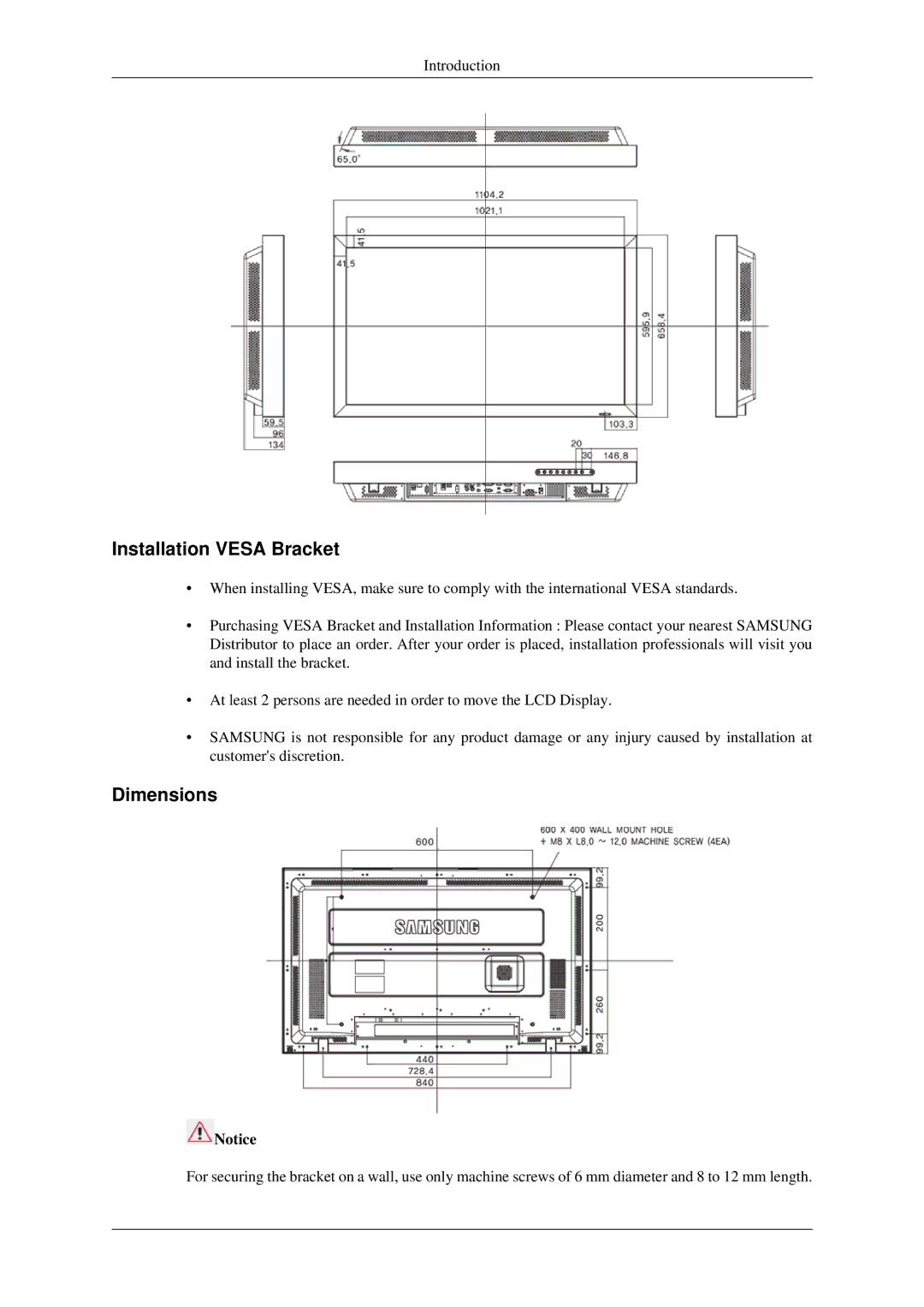 Samsung 460TSn, 400TSn user manual Installation Vesa Bracket 