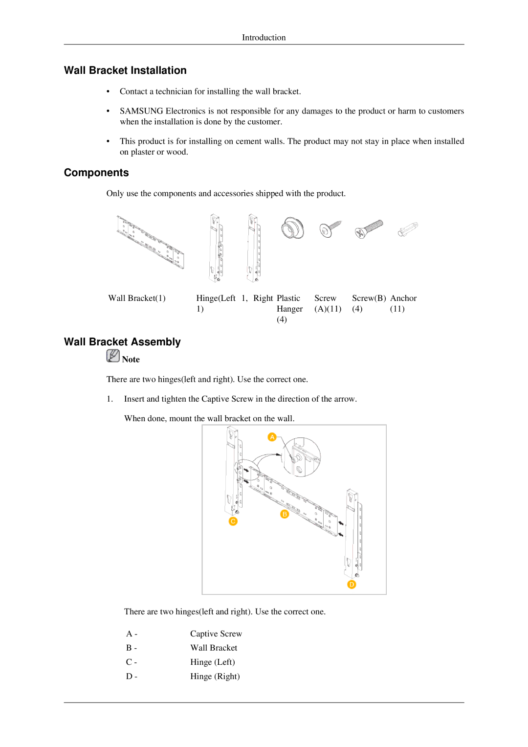 Samsung 400TSn, 460TSn user manual Wall Bracket Installation 