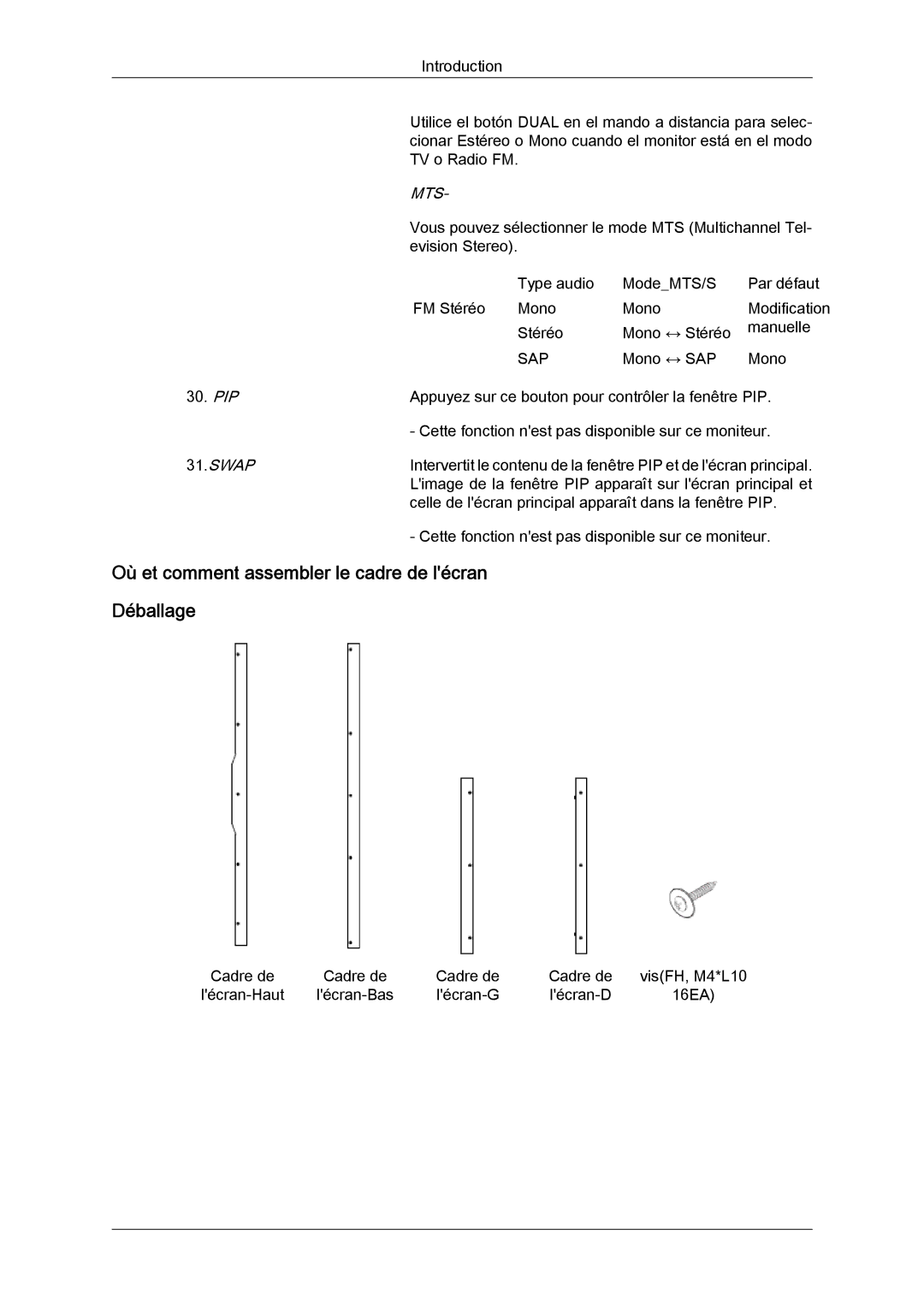 Samsung 460UTN quick start Où et comment assembler le cadre de lécran Déballage, Mts, Sap 