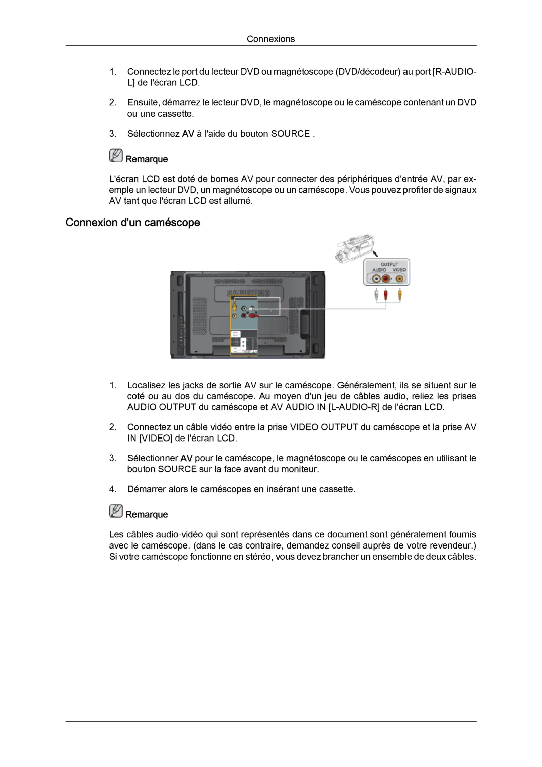 Samsung 460UTN quick start Connexion dun caméscope 