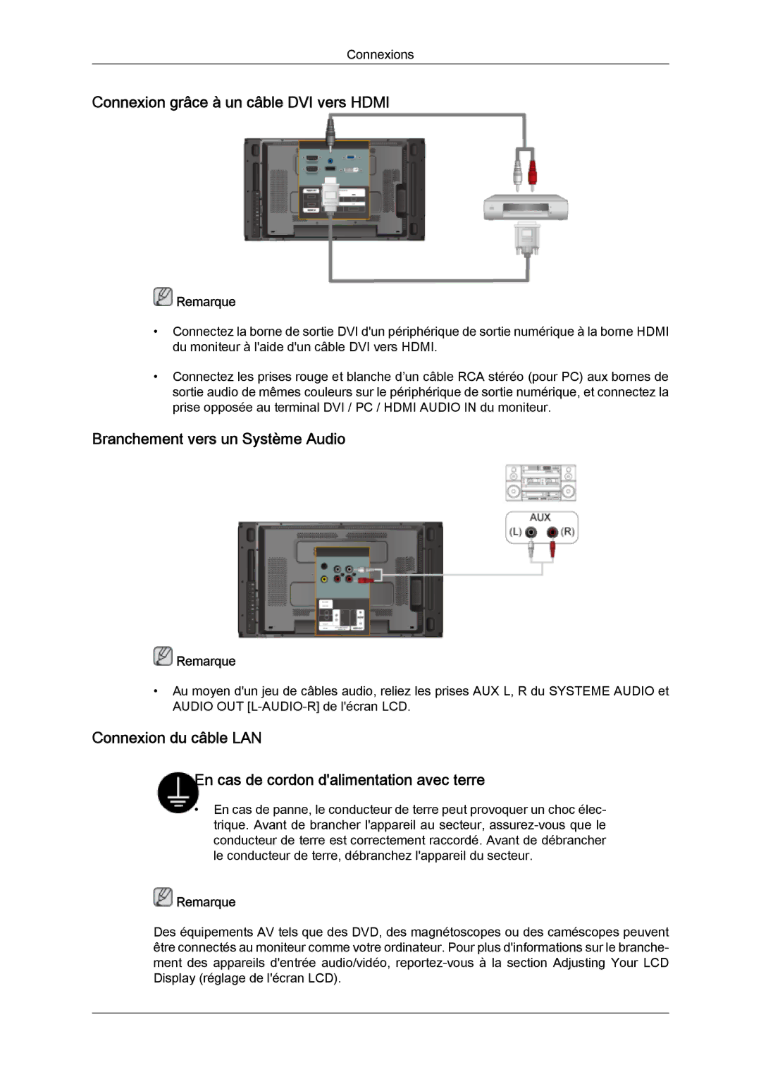 Samsung 460UTN quick start Connexion grâce à un câble DVI vers Hdmi, Branchement vers un Système Audio 