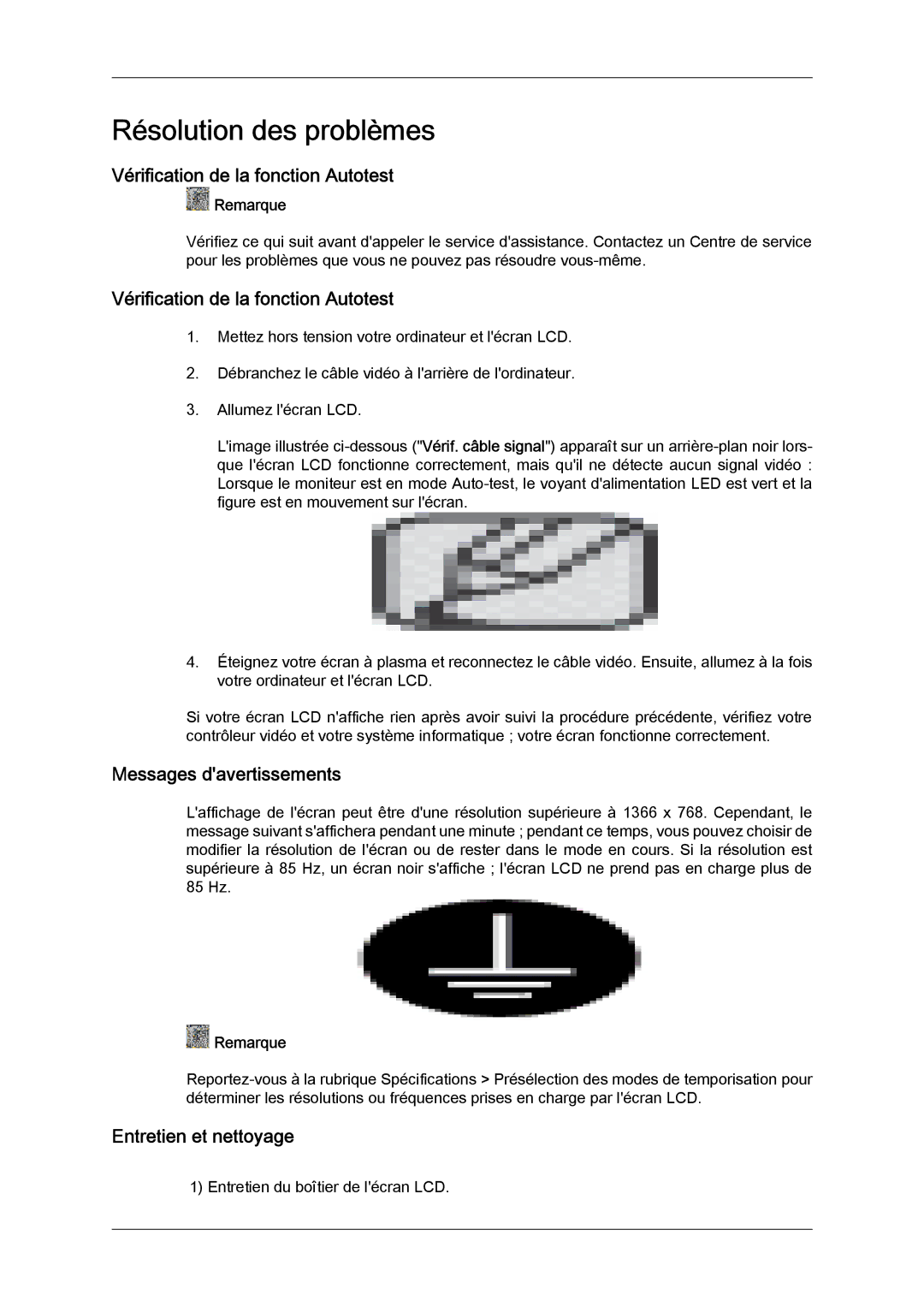 Samsung 460UTN quick start Vérification de la fonction Autotest, Messages davertissements, Entretien et nettoyage 