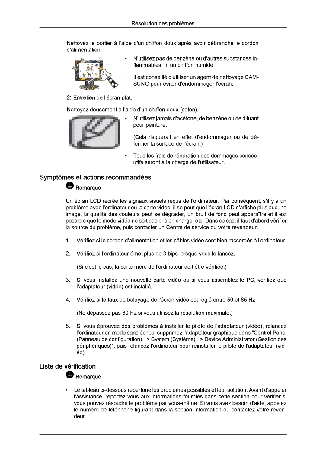 Samsung 460UTN quick start Symptômes et actions recommandées, Liste de vérification 