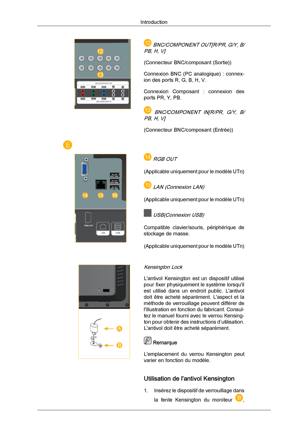 Samsung 460UTN quick start Utilisation de lantivol Kensington, Bnc/Component Outr/Pr, G/Y, B/ Pb, H, Rgb Out 