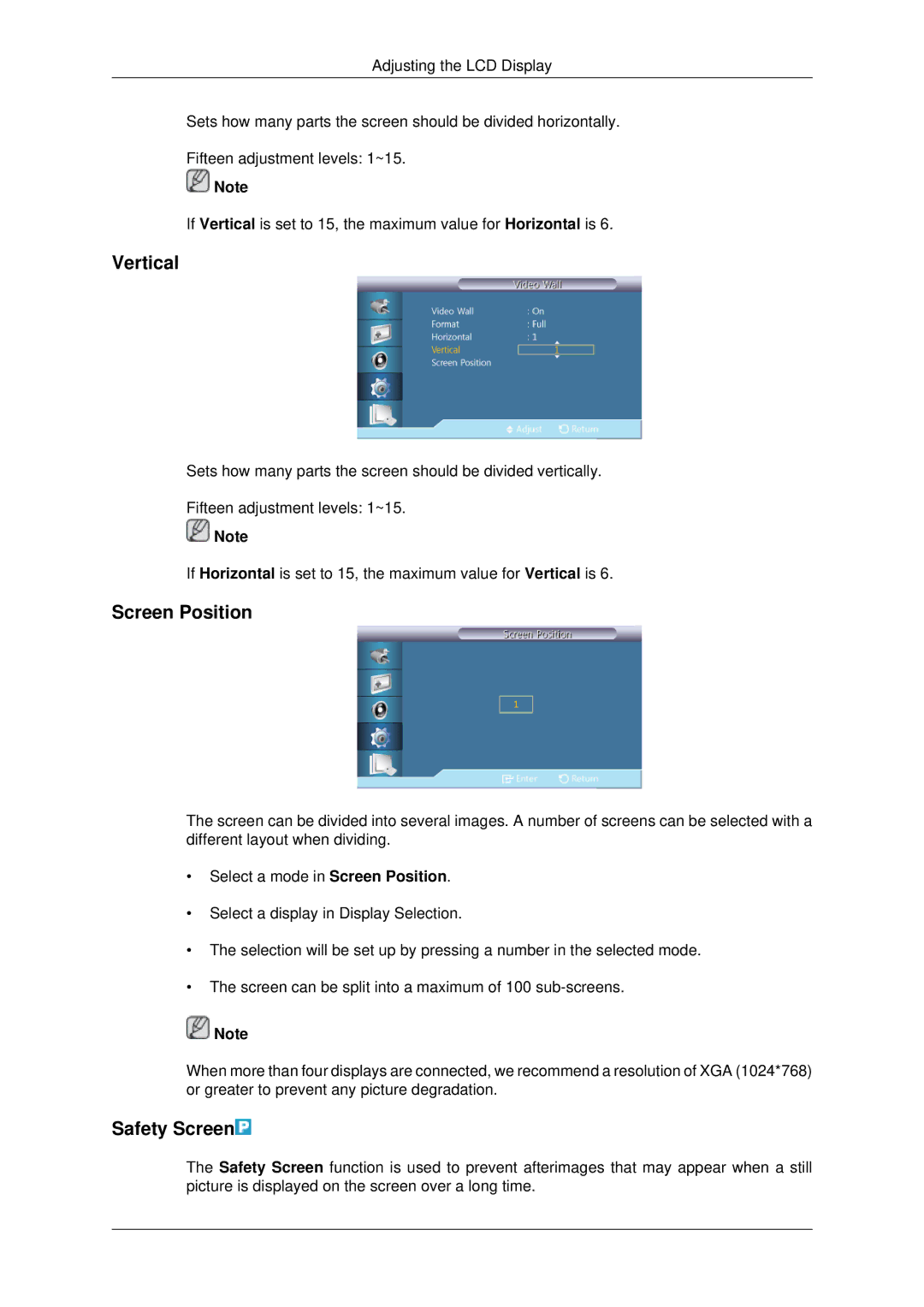 Samsung 460UTN-2, 460UTN-B, 460UT-B, 460UT-2, 460UTn2-UD2 user manual Vertical, Screen Position, Safety Screen 