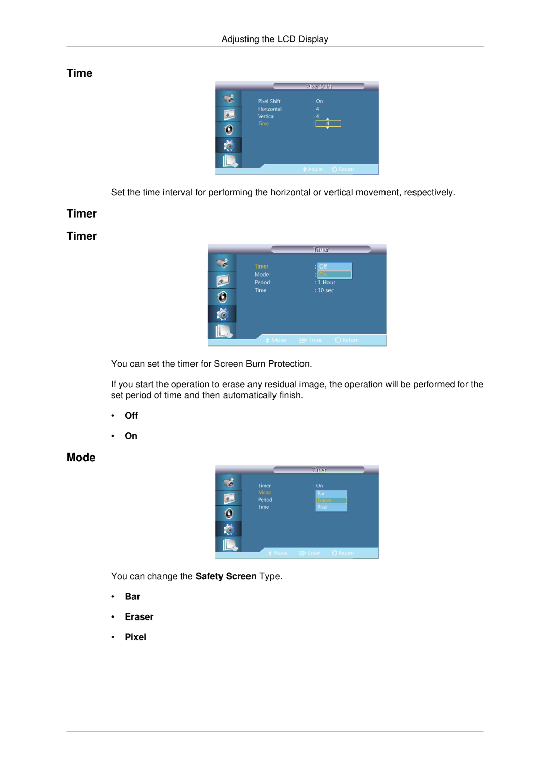 Samsung 460UT-2, 460UTN-B, 460UTN-2, 460UT-B, 460UTn2-UD2 user manual Timer, Bar Eraser Pixel 