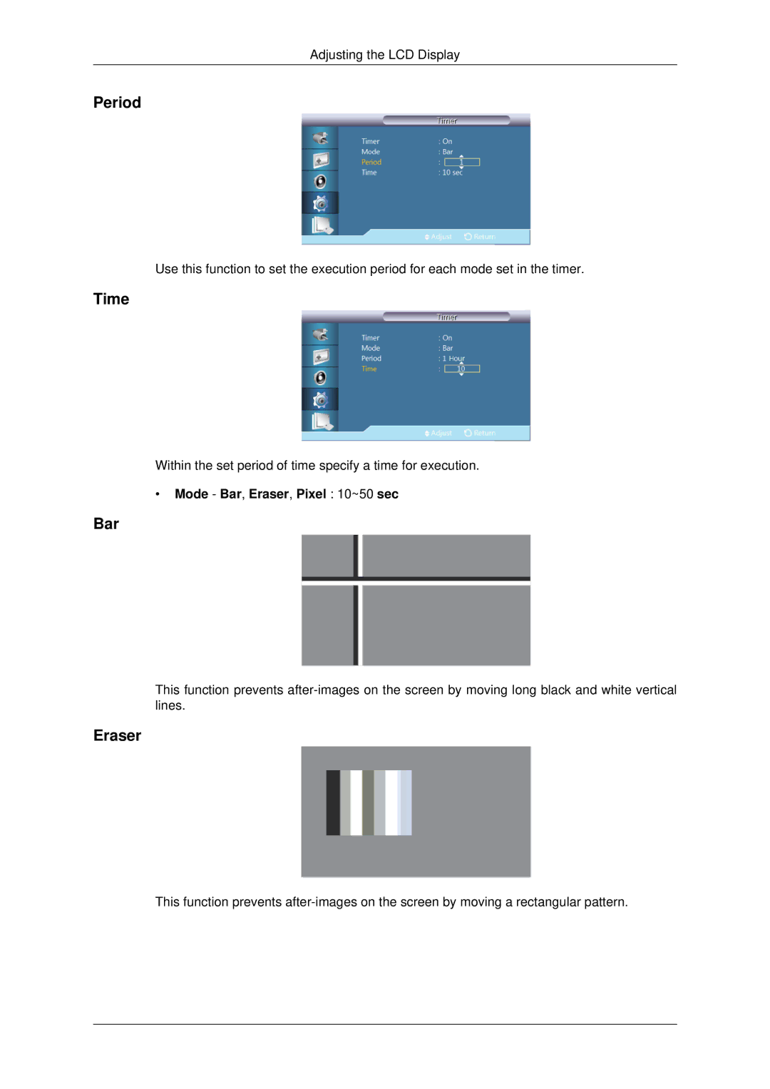 Samsung 460UTn2-UD2, 460UTN-B, 460UTN-2, 460UT-B, 460UT-2 user manual Period, Mode Bar, Eraser, Pixel 10~50 sec 