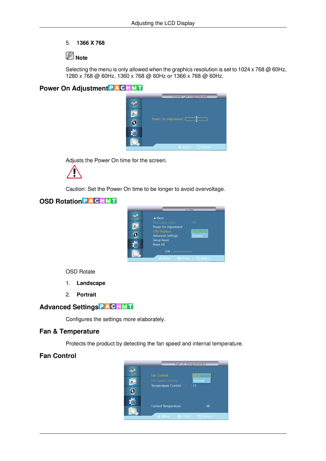 Samsung 460UTN-2, 460UTN-B, 460UT-B Power On Adjustment, OSD Rotation, Advanced Settings, Fan & Temperature, Fan Control 