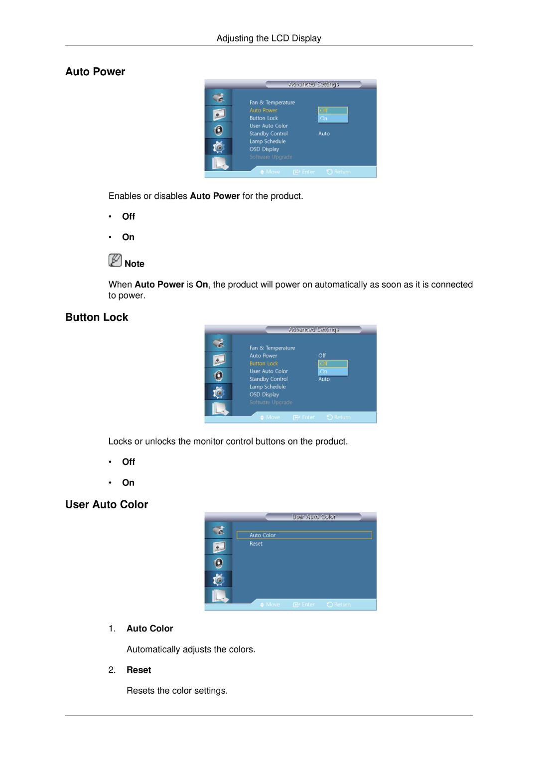 Samsung 460UT-2, 460UTN-B, 460UTN-2, 460UT-B, 460UTn2-UD2 user manual Auto Power, Button Lock, User Auto Color, Reset 