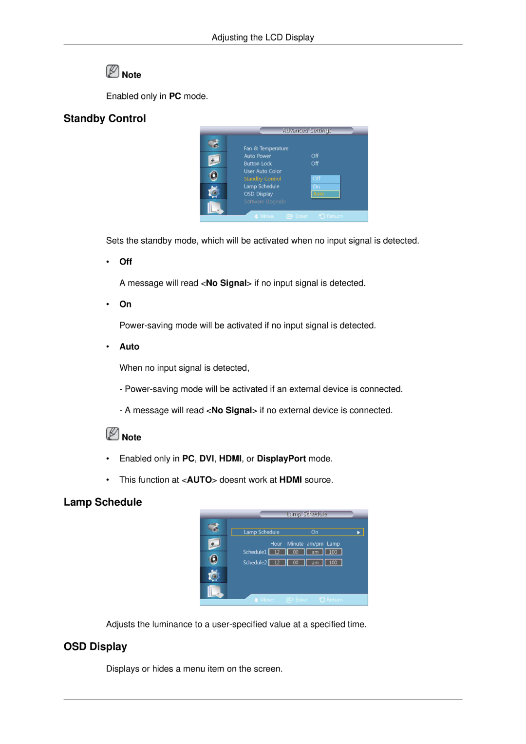 Samsung 460UTn2-UD2, 460UTN-B, 460UTN-2, 460UT-B, 460UT-2 user manual Standby Control, Lamp Schedule, OSD Display, Auto 