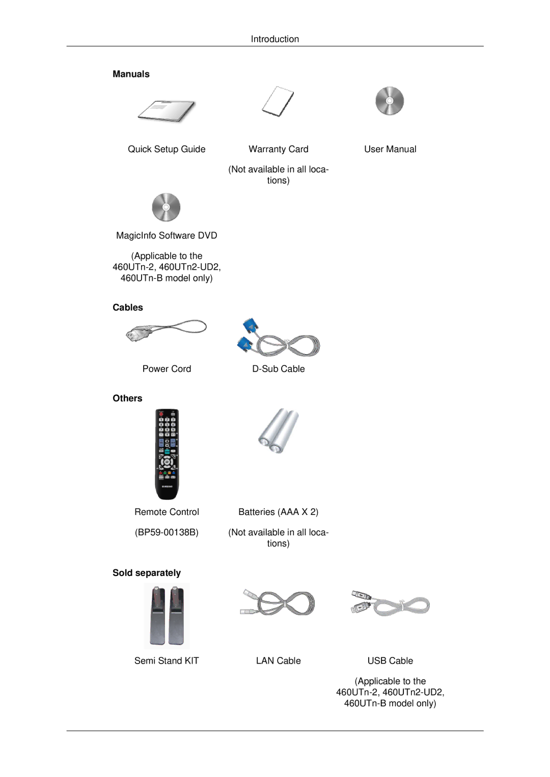 Samsung 460UTN-2, 460UTN-B, 460UT-B, 460UT-2, 460UTn2-UD2 user manual Manuals, Cables, Others, Sold separately 