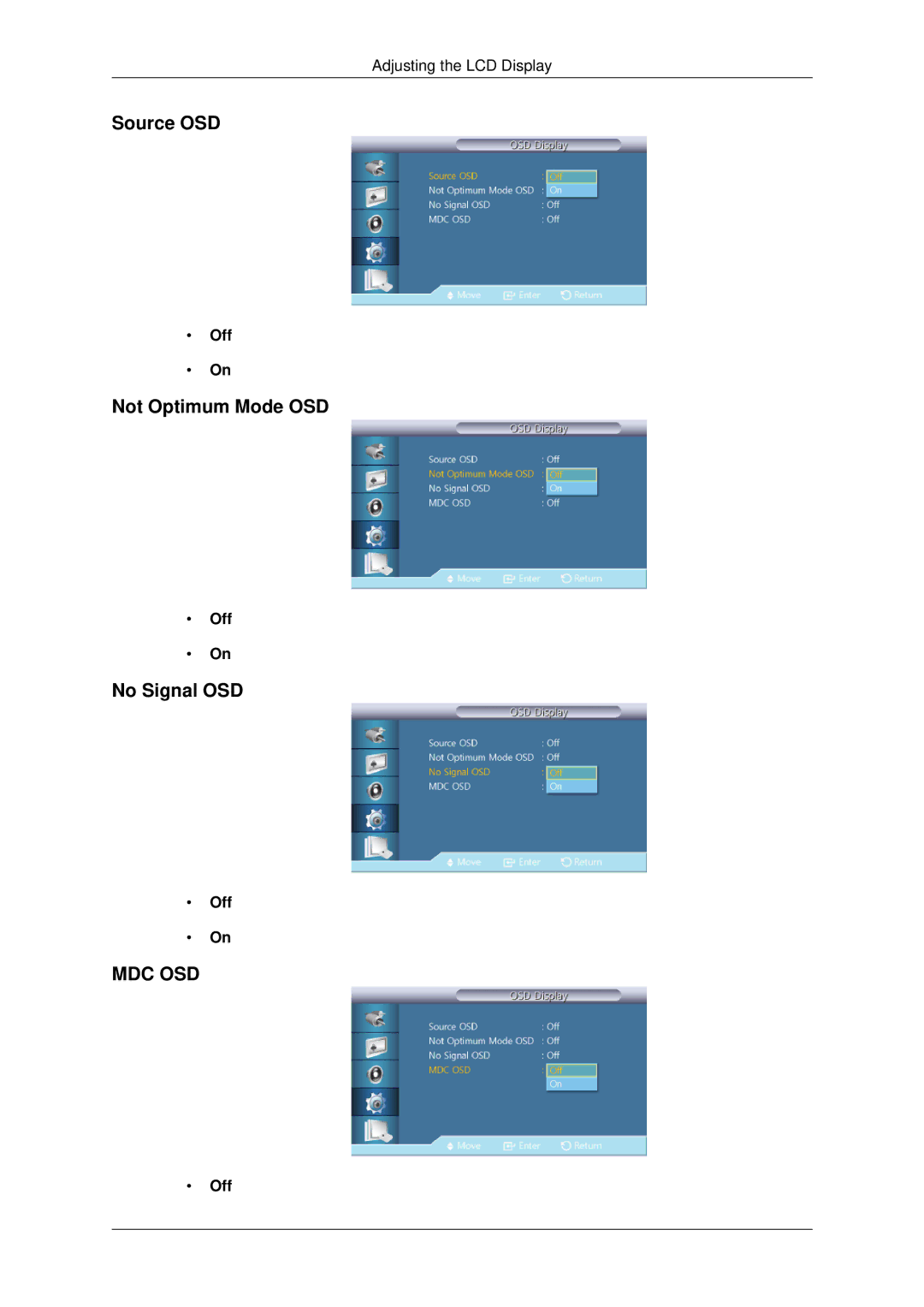 Samsung 460UTN-B, 460UTN-2, 460UT-B, 460UT-2, 460UTn2-UD2 user manual Source OSD, Not Optimum Mode OSD, No Signal OSD 