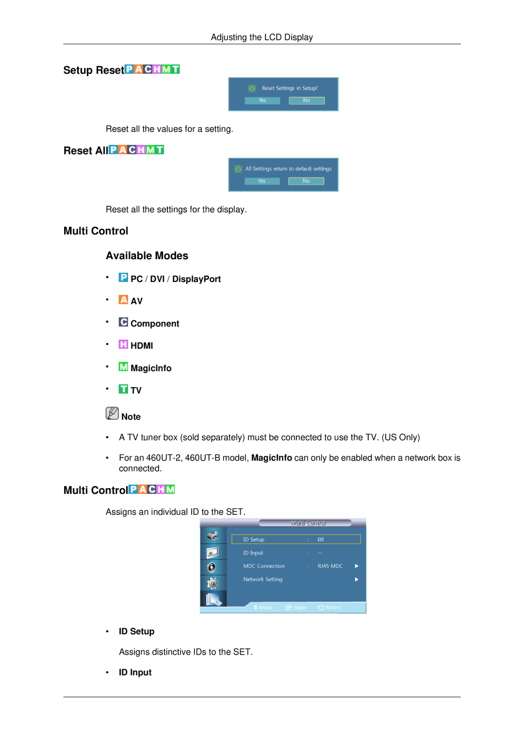 Samsung 460UT-B, 460UTN-B, 460UTN-2, 460UT-2, 460UTn2-UD2 user manual Setup Reset, Reset All, Multi Control Available Modes 