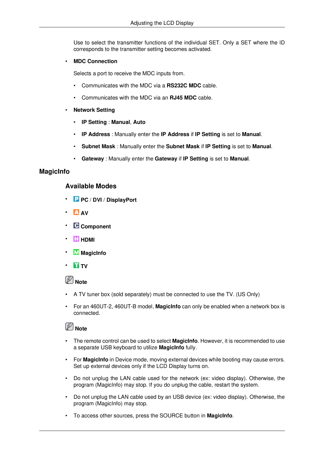 Samsung 460UT-2, 460UTN-B, 460UTN-2, 460UT-B, 460UTn2-UD2 user manual MagicInfo Available Modes, MDC Connection 