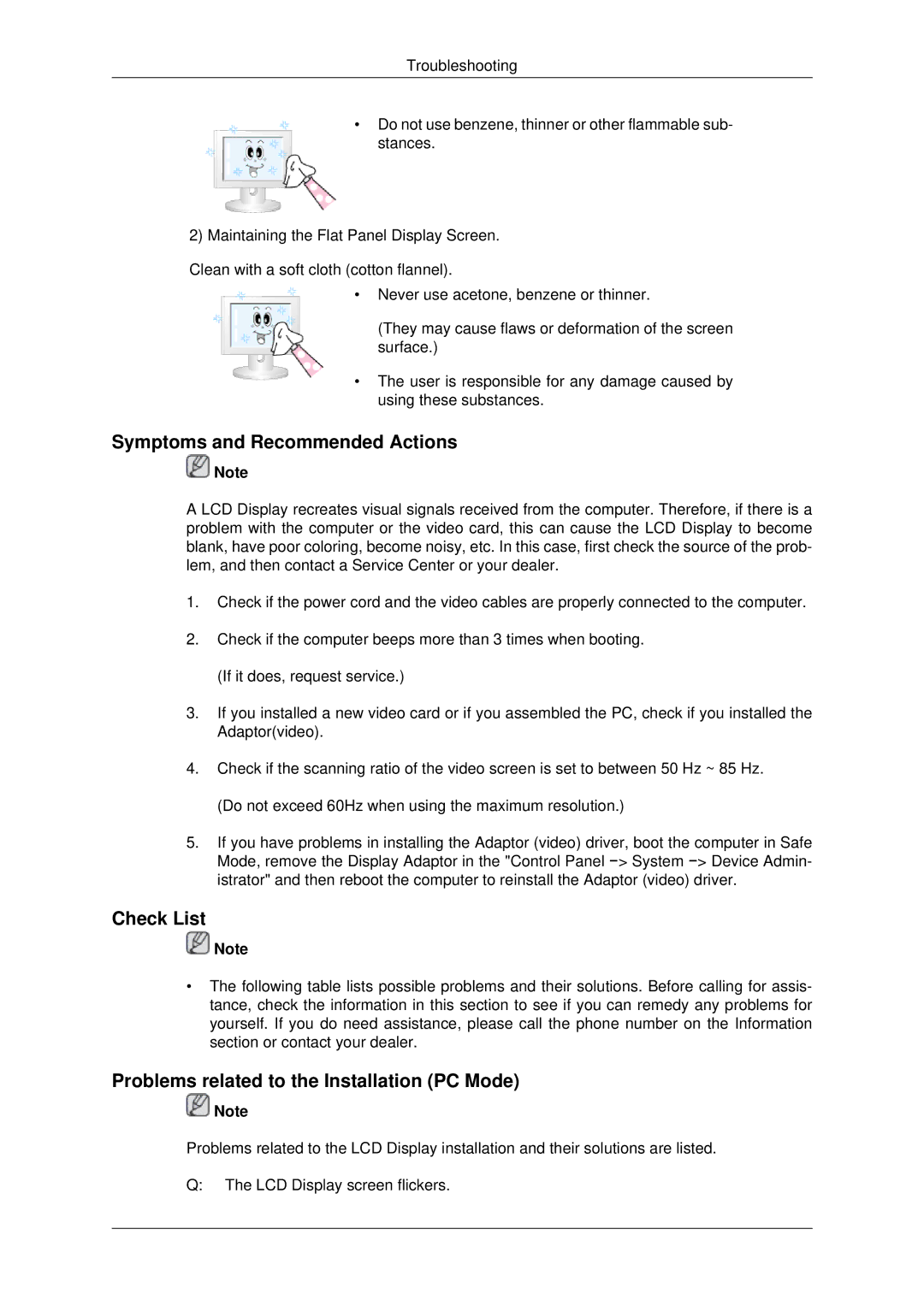 Samsung 460UT-2, 460UTN-B Symptoms and Recommended Actions, Check List, Problems related to the Installation PC Mode 