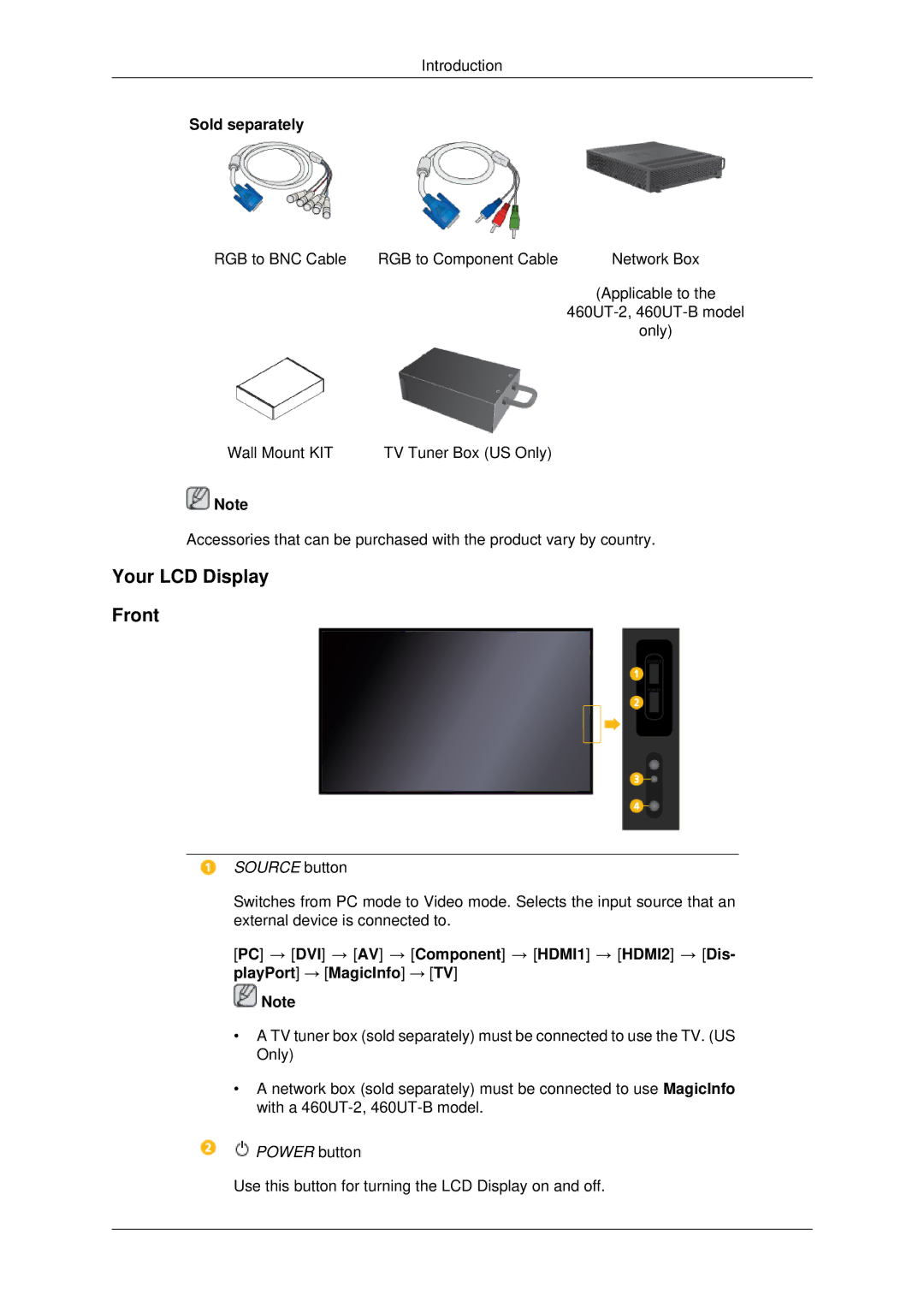 Samsung 460UT-B, 460UTN-B, 460UTN-2, 460UT-2, 460UTn2-UD2 user manual Your LCD Display Front, Source button 