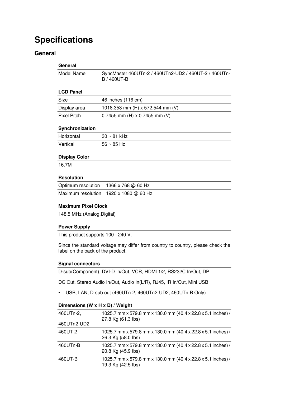 Samsung 460UT-B, 460UTN-B, 460UTN-2, 460UT-2, 460UTn2-UD2 user manual General 