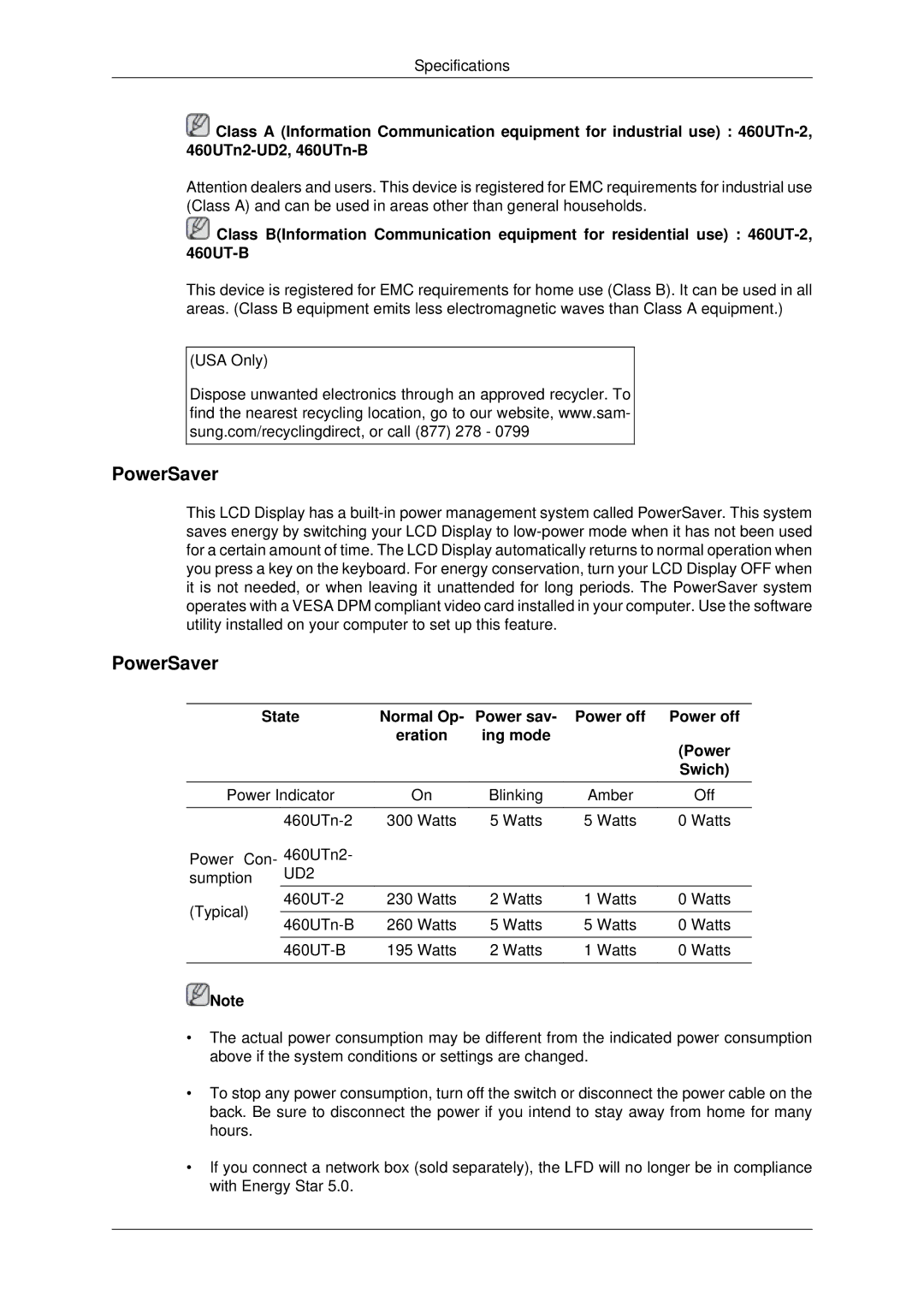 Samsung 460UTn2-UD2, 460UTN-B, 460UTN-2, 460UT-B, 460UT-2 user manual PowerSaver, Normal Op Power sav Power off, Eration, Swich 
