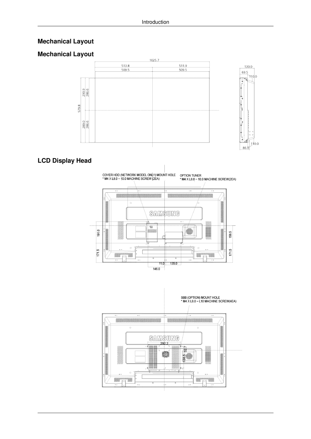 Samsung 460UTN-2, 460UTN-B, 460UT-B, 460UT-2, 460UTn2-UD2 user manual Mechanical Layout LCD Display Head 