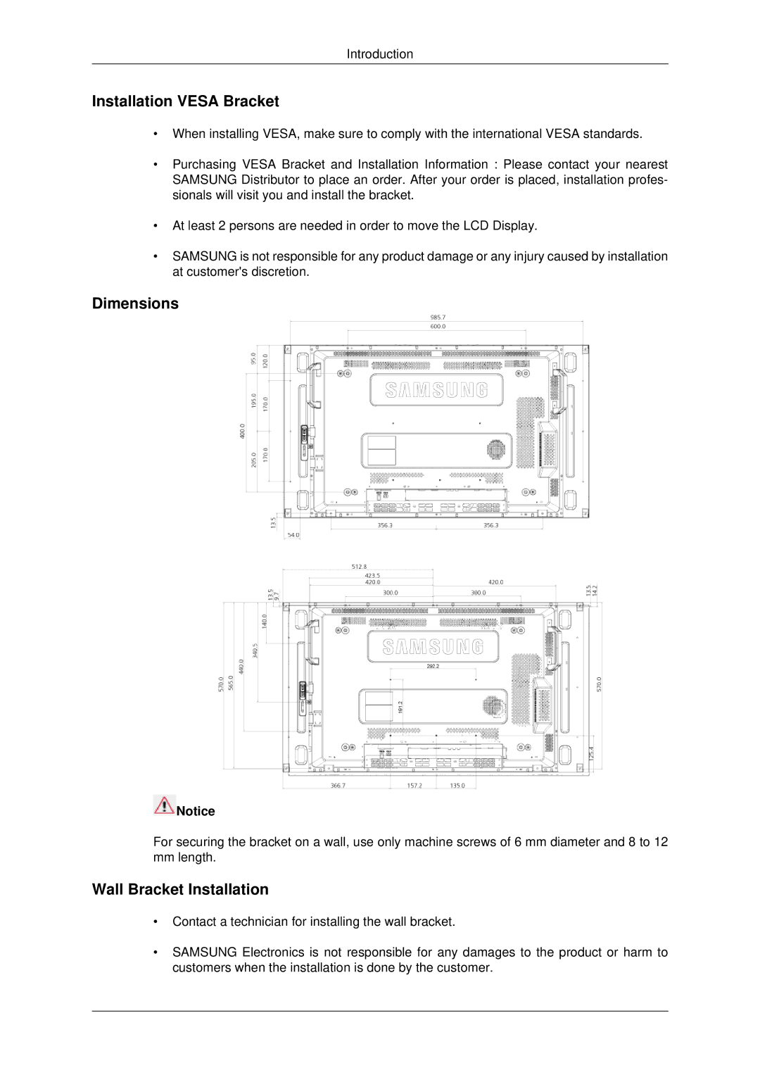 Samsung 460UT-B, 460UTN-B, 460UTN-2, 460UT-2, 460UTn2-UD2 Installation Vesa Bracket, Dimensions, Wall Bracket Installation 