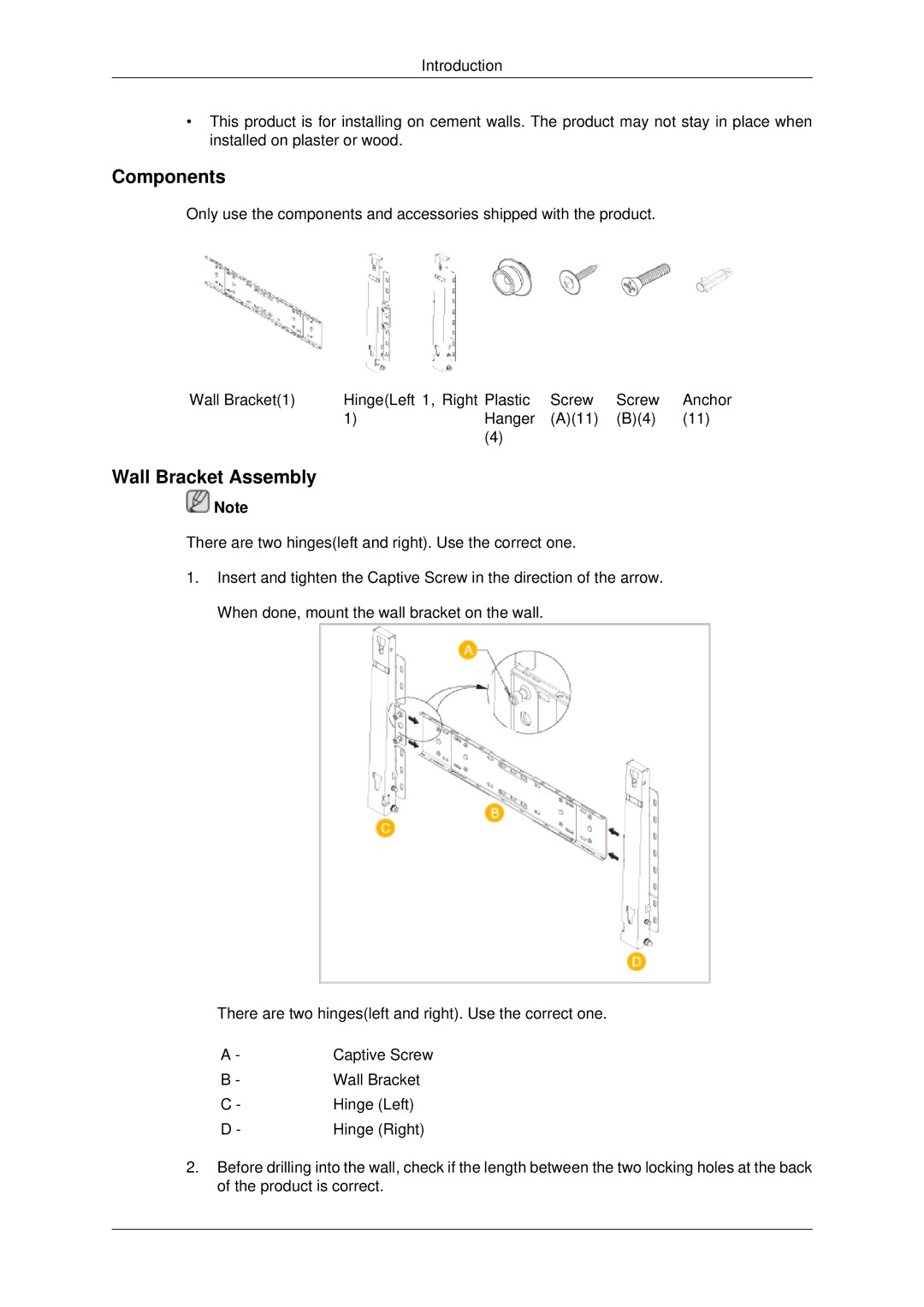 Samsung 460UT-2, 460UTN-B, 460UTN-2, 460UT-B, 460UTn2-UD2 user manual Components, Wall Bracket Assembly 