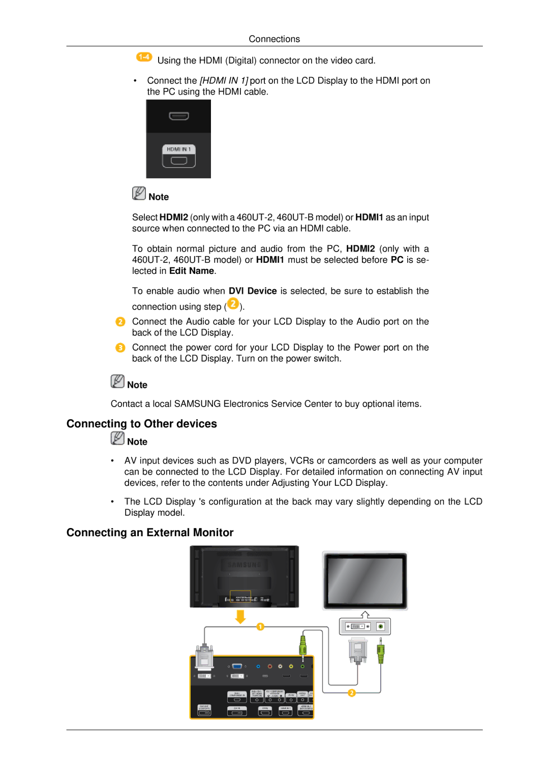 Samsung 460UT-2, 460UTN-B, 460UTN-2, 460UT-B, 460UTn2-UD2 Connecting to Other devices, Connecting an External Monitor 