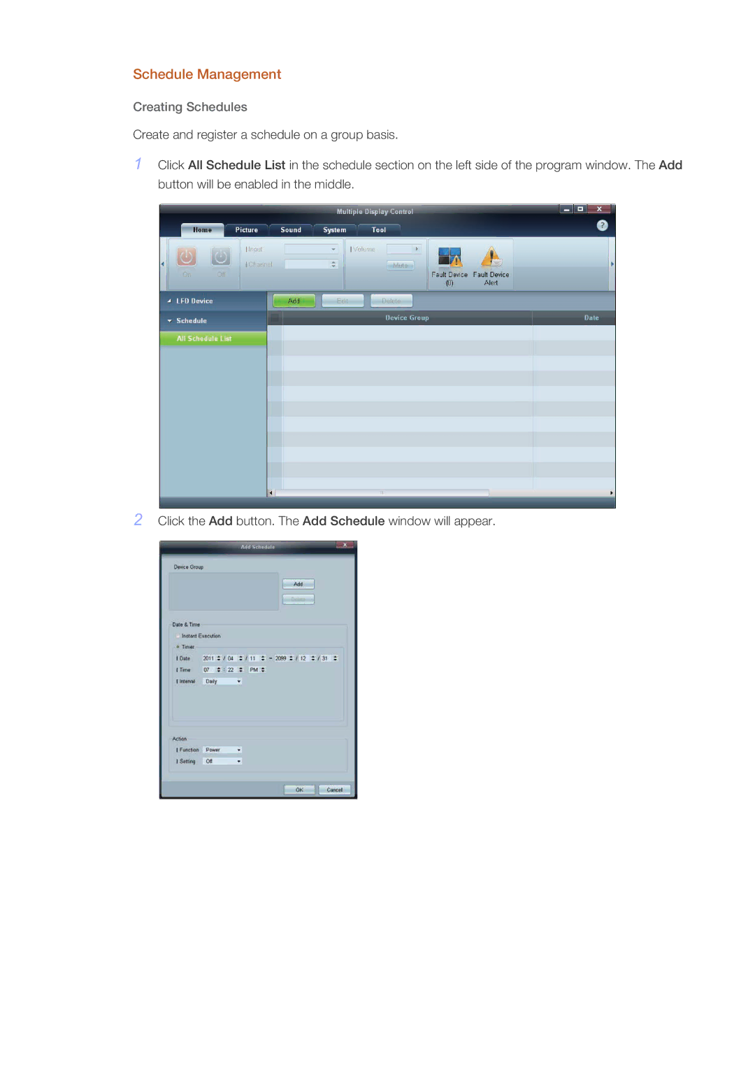 Samsung 460UT-B, 460UTN-B, 460UTN-2, 460UT-2, 460UTn2-UD2 user manual Schedule Management, Creating Schedules 