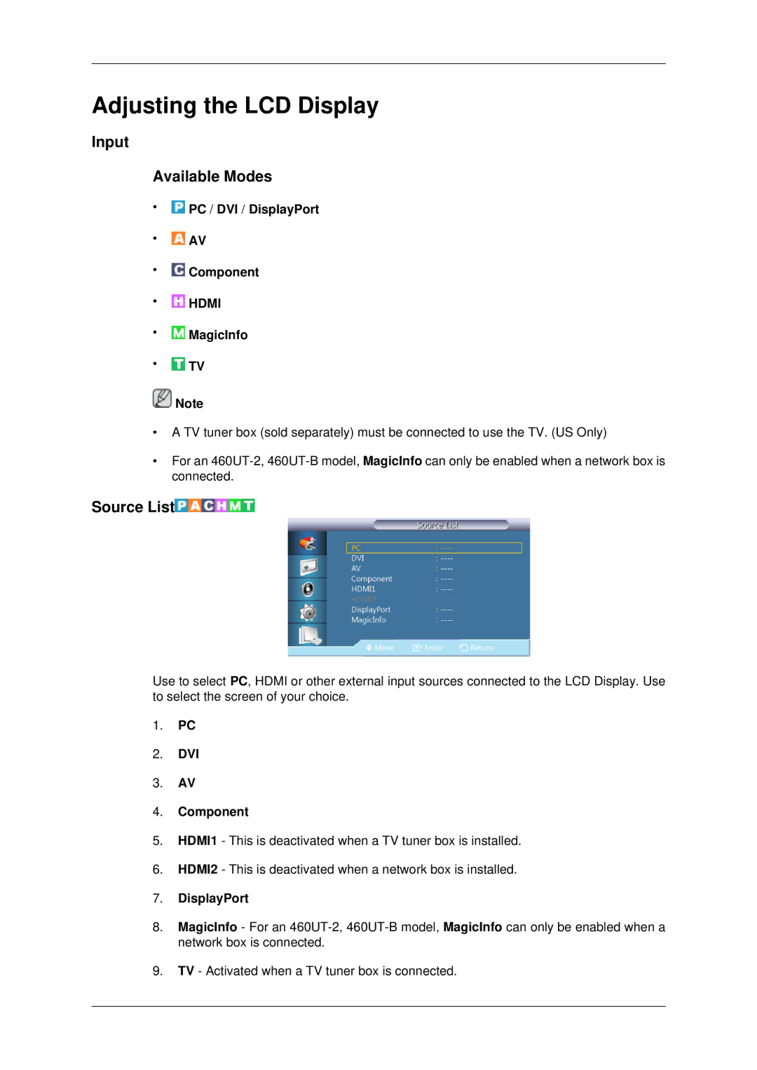 Samsung 460UTN-2, 460UTN-B, 460UT-B, 460UT-2, 460UTn2-UD2 user manual Input Available Modes, Source List 