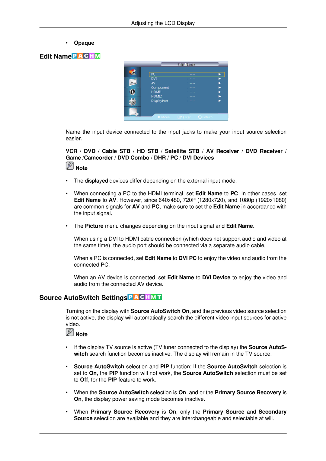 Samsung 460UTn2-UD2, 460UTN-B, 460UTN-2, 460UT-B, 460UT-2 user manual Edit Name, Source AutoSwitch Settings, Opaque 