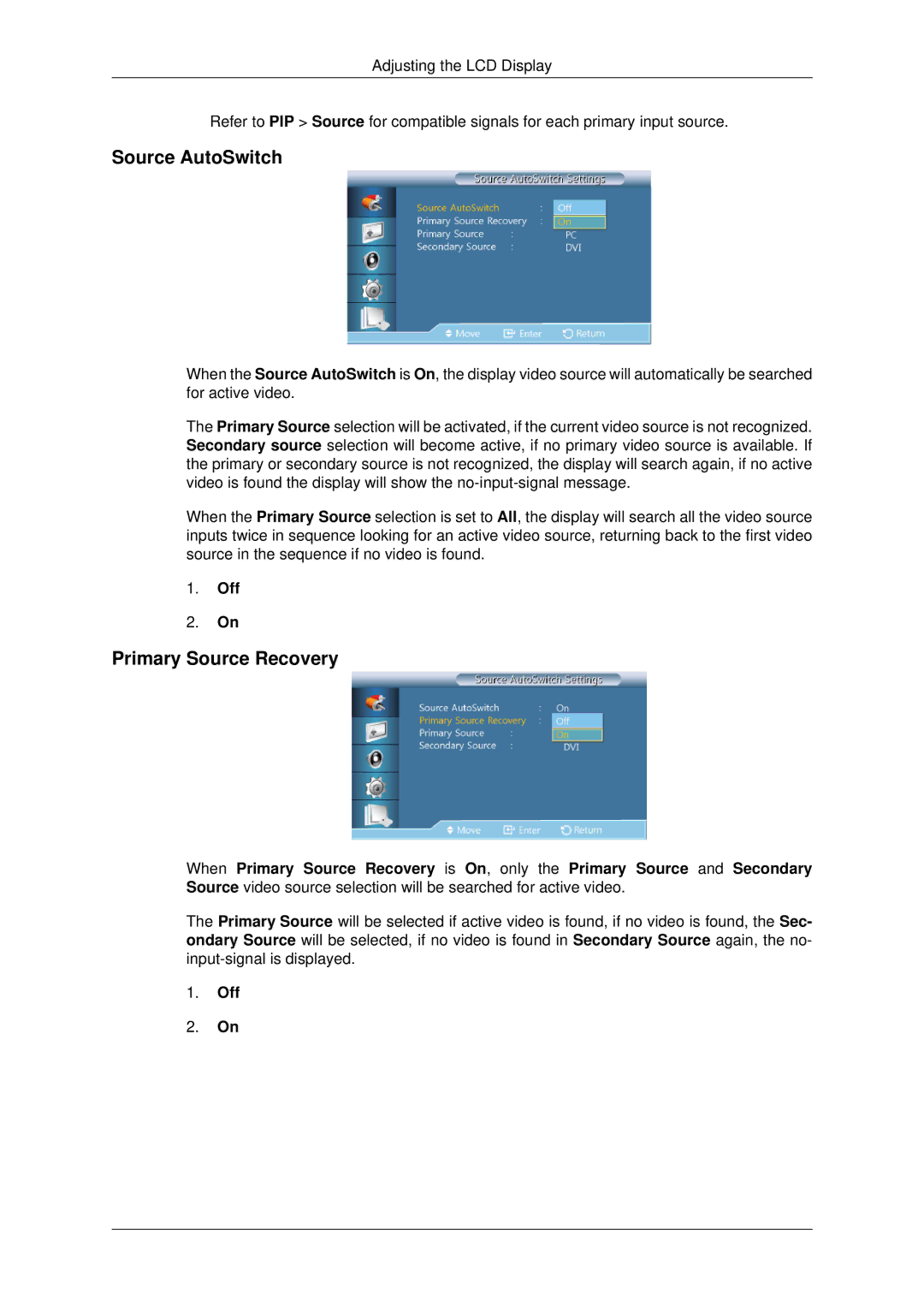 Samsung 460UTN-B, 460UTN-2, 460UT-B, 460UT-2, 460UTn2-UD2 user manual Source AutoSwitch, Primary Source Recovery 