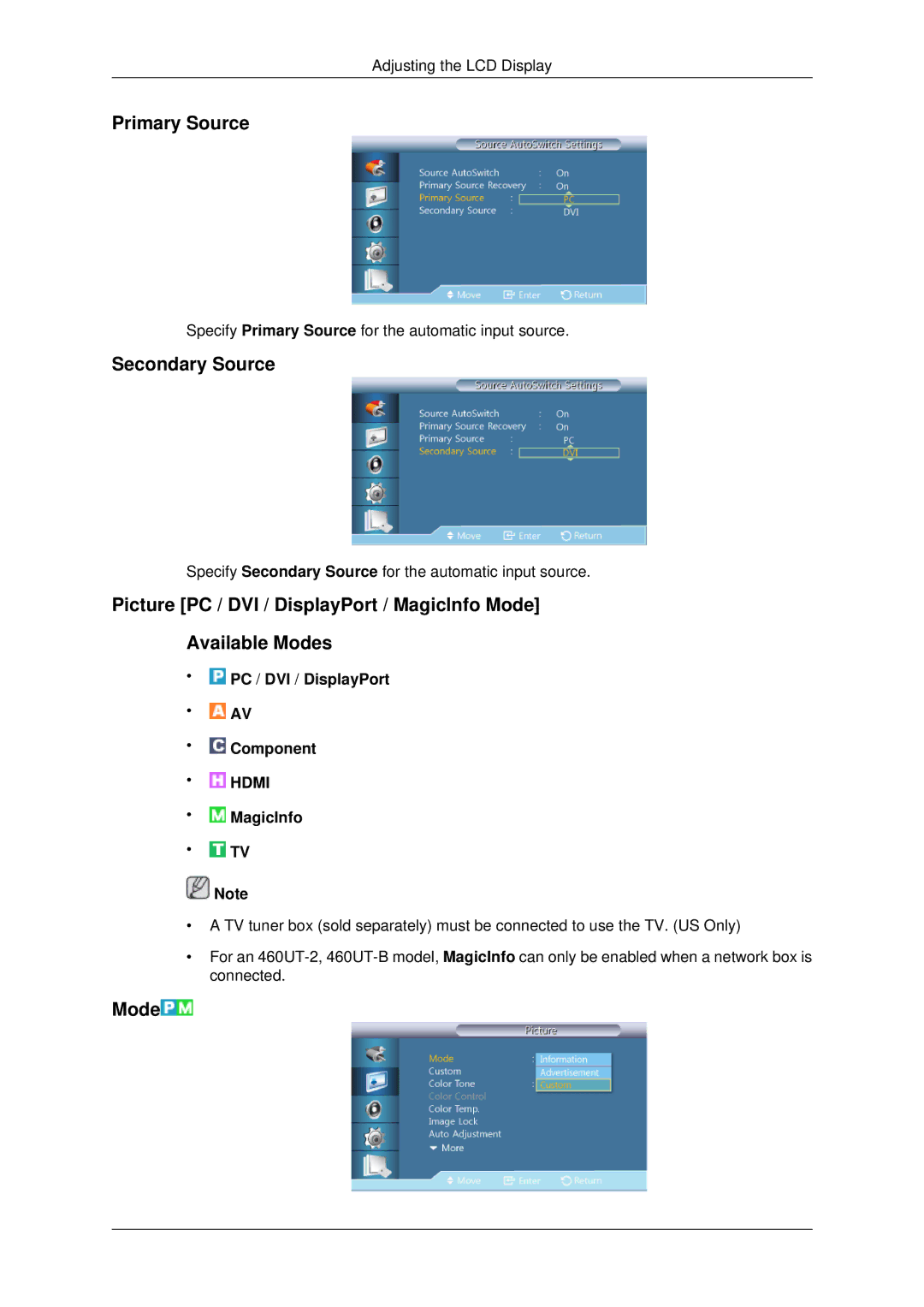 Samsung 460UTN-2, 460UTN-B, 460UT-B, 460UT-2, 460UTn2-UD2 user manual Primary Source, Secondary Source, Mode 