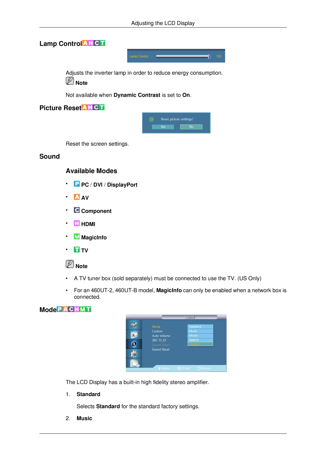 Samsung 460UT-2, 460UTN-B, 460UTN-2, 460UT-B, 460UTn2-UD2 user manual Sound Available Modes, Music 