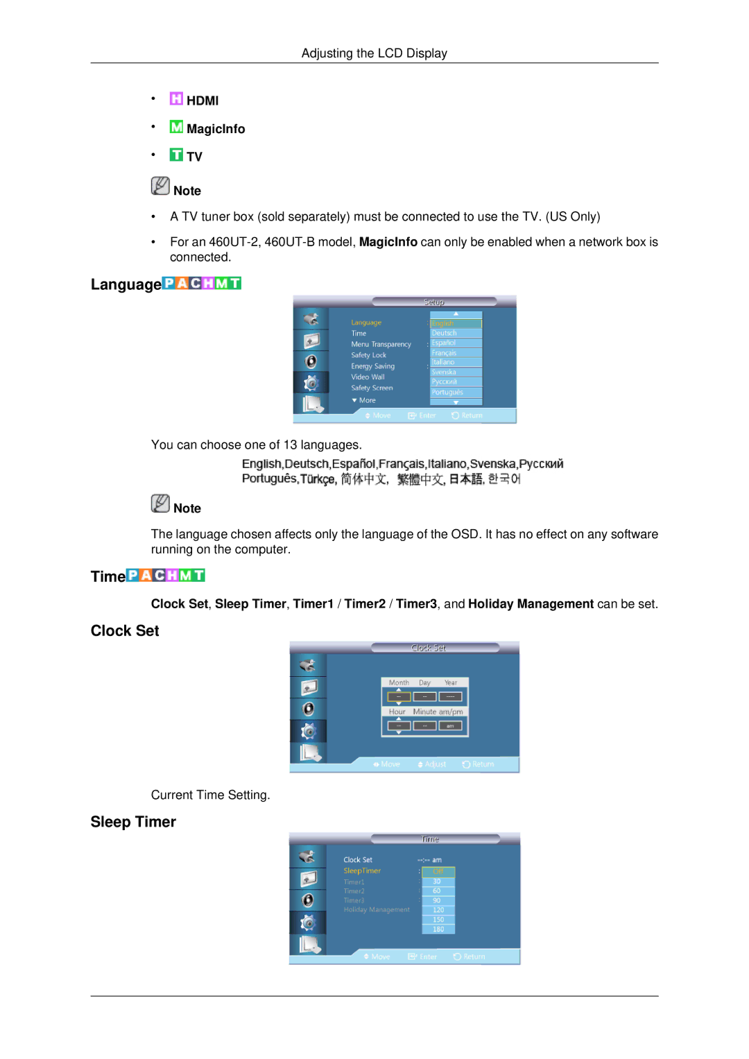 Samsung 460UTN-2, 460UTN-B, 460UT-B, 460UT-2, 460UTn2-UD2 user manual Language, Clock Set, Sleep Timer 