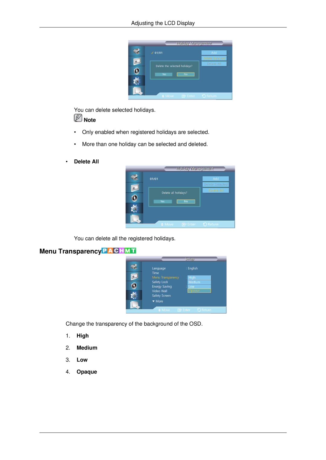 Samsung 460UT-2, 460UTN-B, 460UTN-2, 460UT-B, 460UTn2-UD2 user manual Menu Transparency, Delete All, High Medium Low Opaque 