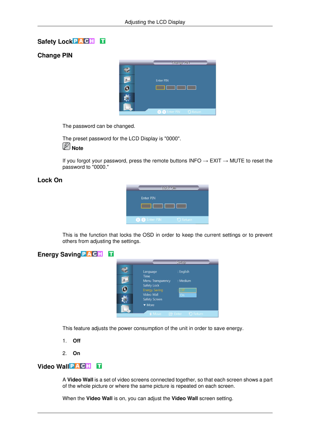 Samsung 460UTn2-UD2, 460UTN-B, 460UTN-2, 460UT-B, 460UT-2 Safety Lock Change PIN, Lock On, Energy Saving, Video Wall 