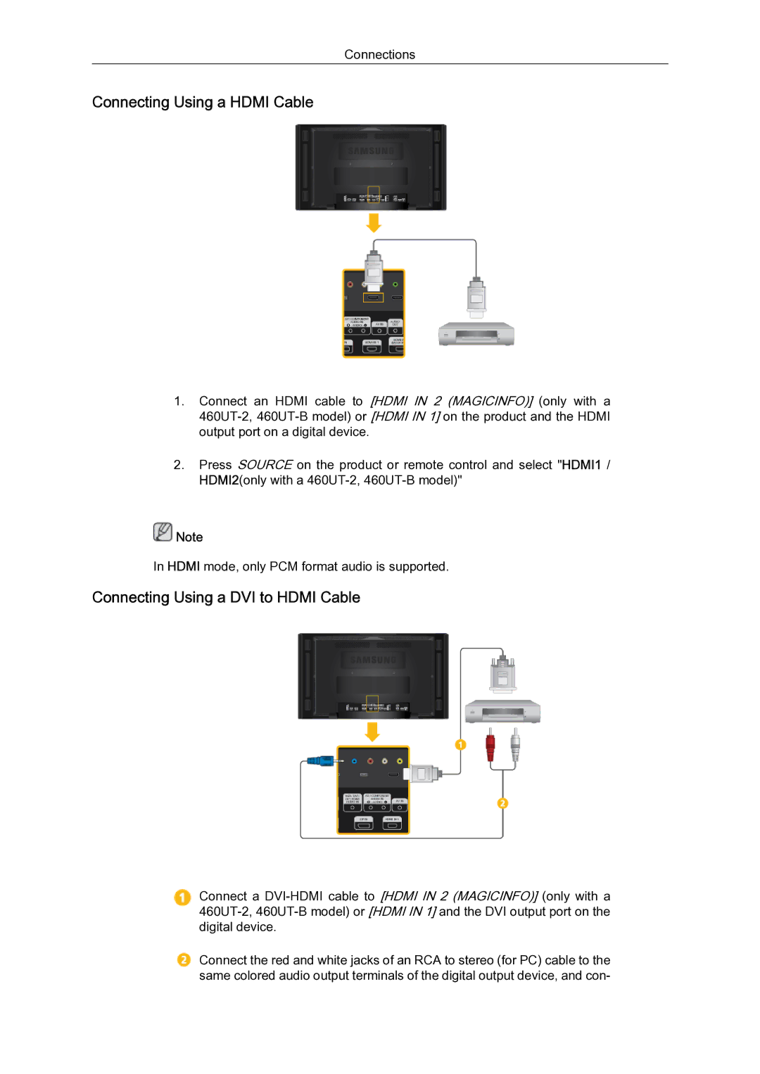 Samsung 460UTN-2, 460UTN-B, 460UT-B, 460UT-2 quick start Connecting Using a Hdmi Cable, Connecting Using a DVI to Hdmi Cable 