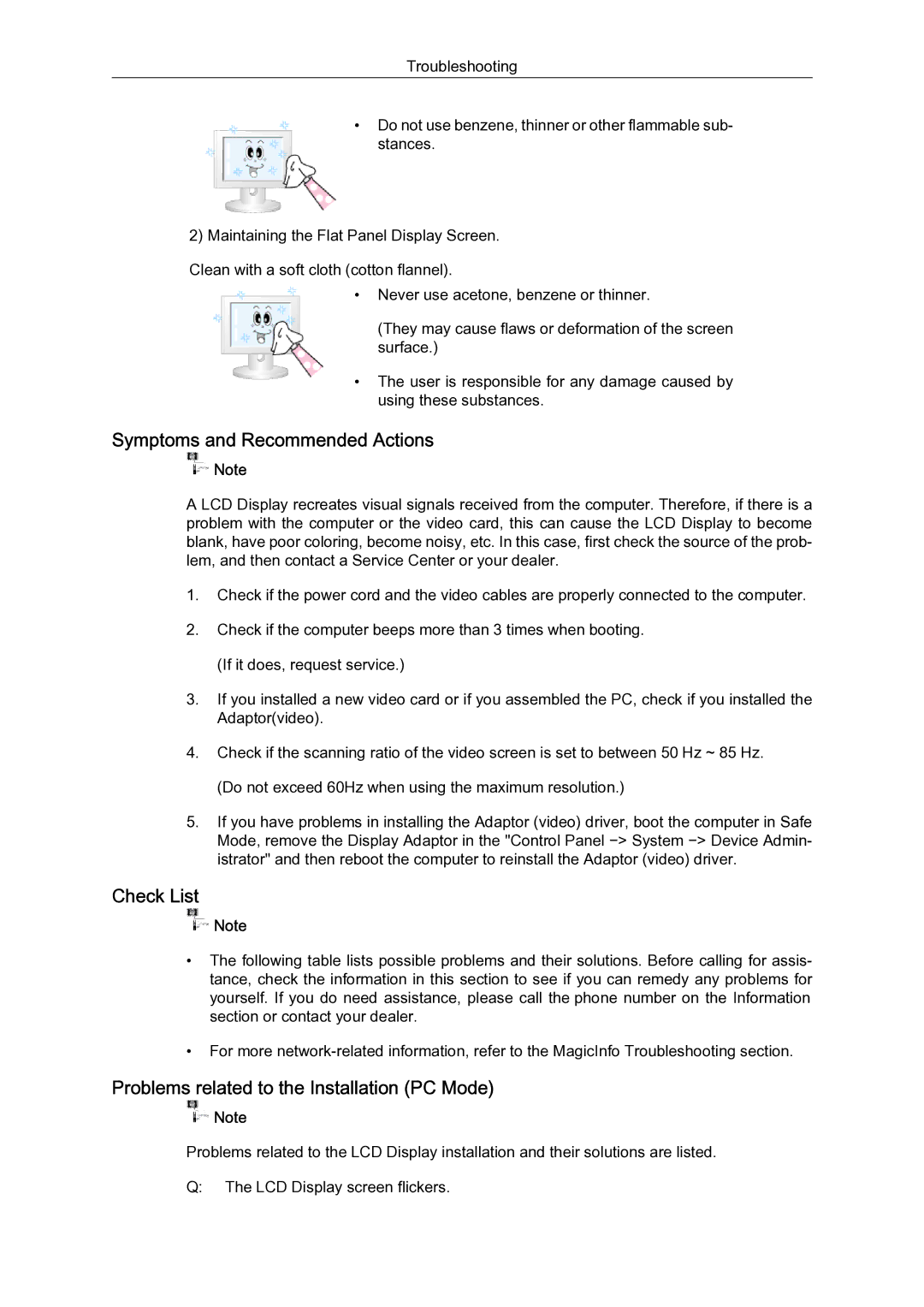 Samsung 460UT-B, 460UTN-B Symptoms and Recommended Actions, Check List, Problems related to the Installation PC Mode 