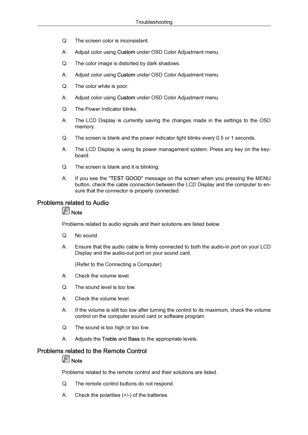 Samsung 460UTN-B, 460UTN-2, 460UT-B, 460UT-2 quick start Problems related to Audio, Problems related to the Remote Control 