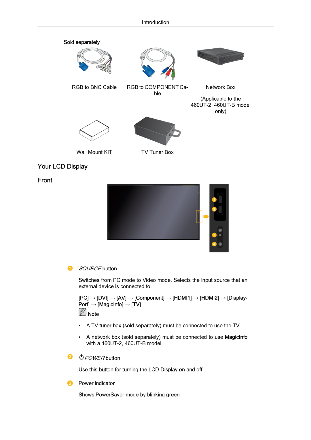 Samsung 460UTN-B, 460UTN-2, 460UT-B, 460UT-2 quick start Your LCD Display Front, Source button 