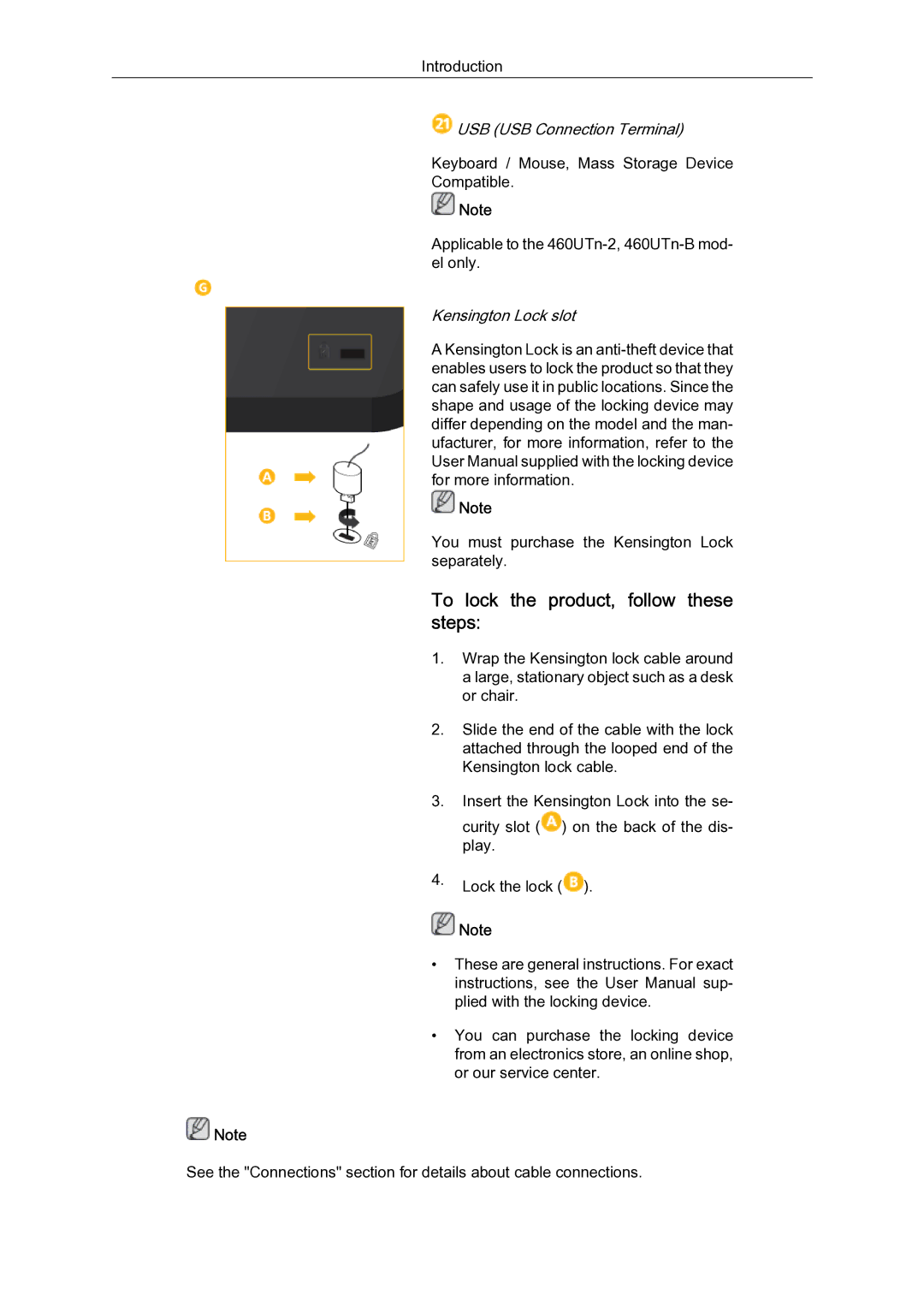 Samsung 460UTN-2, 460UTN-B, 460UT-B, 460UT-2 quick start To lock the product, follow these steps, USB USB Connection Terminal 