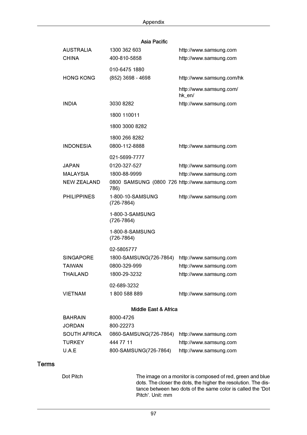 Samsung 460UT-2, 460UTN-B, 460UTN-2, 460UT-B user manual Terms, Asia Pacific, Middle East & Africa 