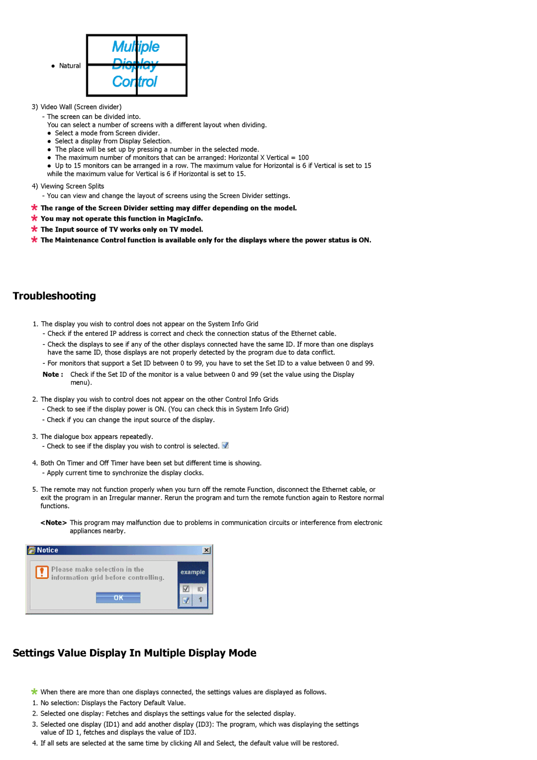 Samsung 460UT-2, 460UTN-B, 460UTN-2, 460UT-B user manual Troubleshooting, Settings Value Display In Multiple Display Mode 