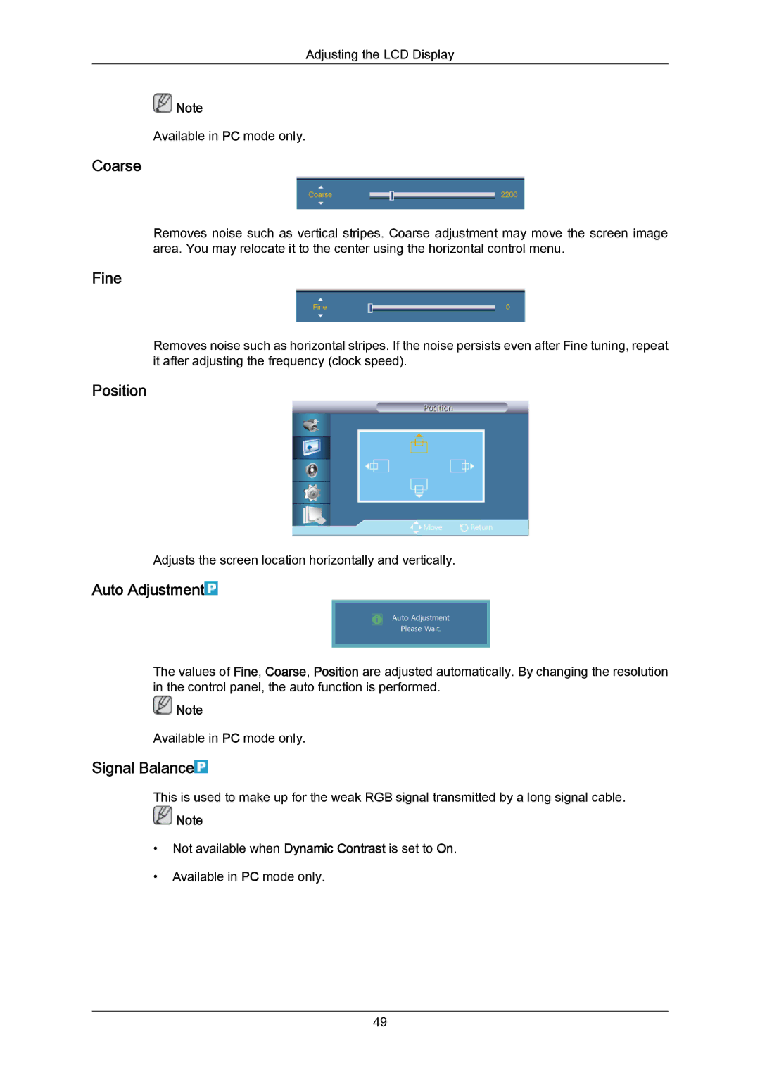 Samsung 460UT-2, 460UTN-B, 460UTN-2, 460UT-B user manual Coarse, Fine, Auto Adjustment, Signal Balance 