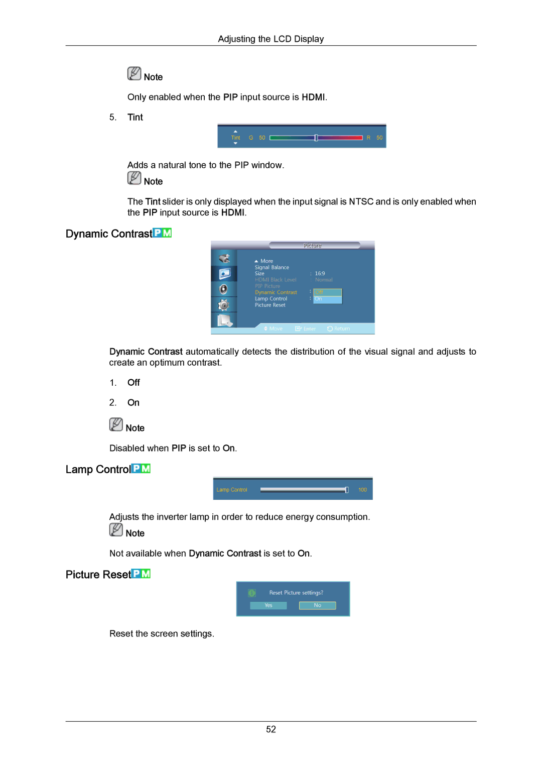 Samsung 460UT-B, 460UTN-B, 460UTN-2, 460UT-2 user manual Dynamic Contrast, Lamp Control, Picture Reset, Tint 