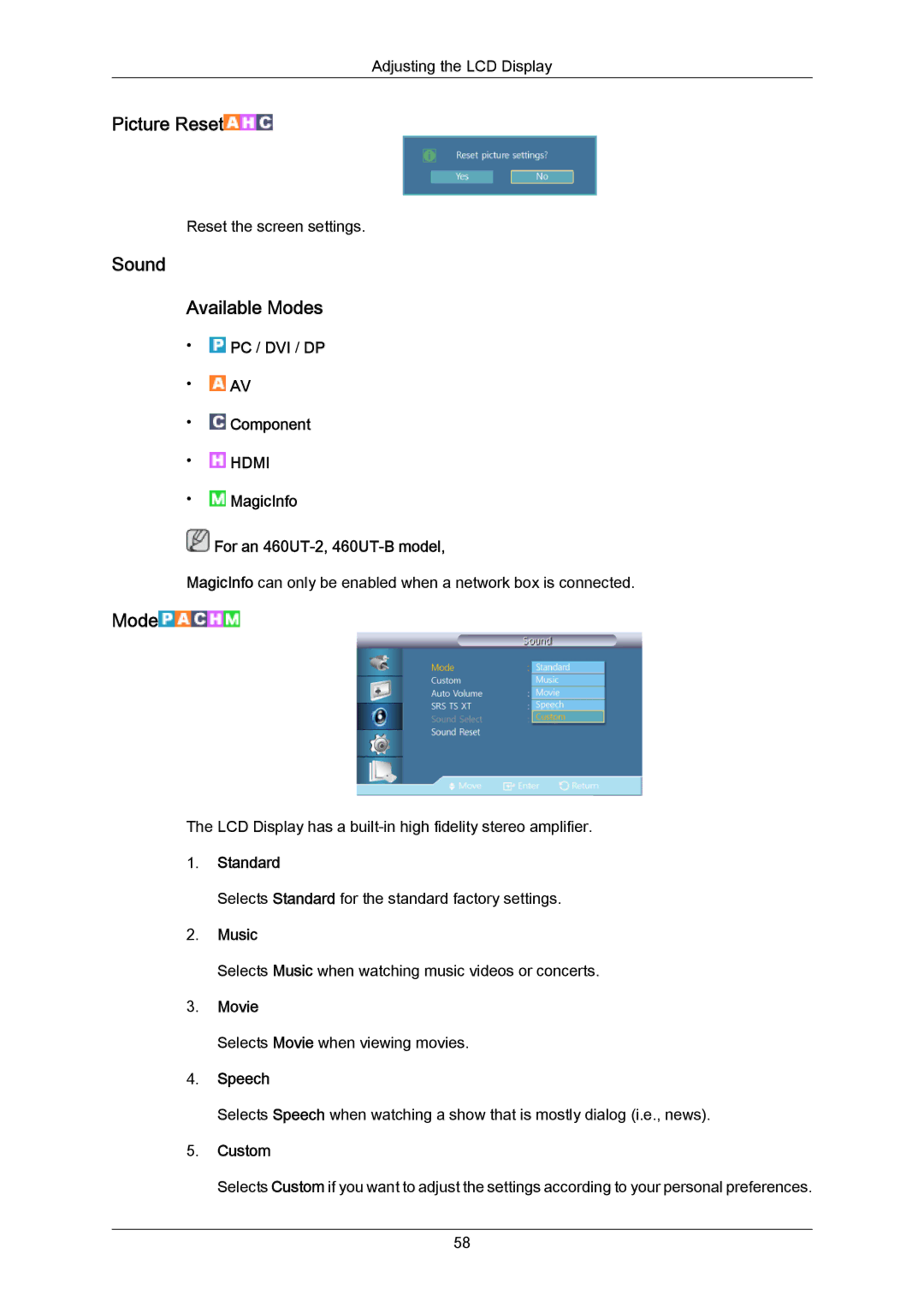 Samsung 460UTN-B, 460UTN-2, 460UT-B, 460UT-2 user manual Sound Available Modes, Music, Speech 