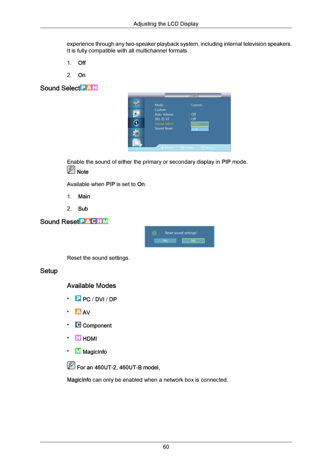 Samsung 460UT-B, 460UTN-B, 460UTN-2, 460UT-2 user manual Sound Select, Sound Reset, Setup Available Modes, Main Sub 